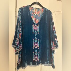 Johnny Was Blue Velvet Floral Embroidered Top | Boho Luxe Tunic | Size L